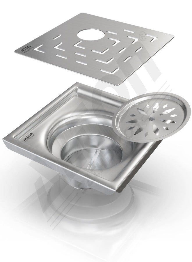 ALTON ALD1002, SS-304 Grade, 6x6 INCH Cut, Bathroom Grating Square Floor Drain Jali with Cockroach Trap, Matte - Image 1